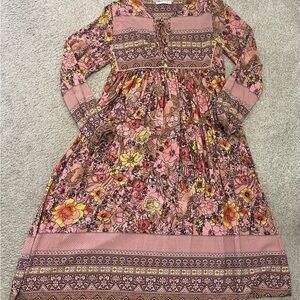 Bohemian Floral Midi Dress in Pink and Yellow
